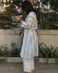 Blue and yellow premium cotton long kurta with stripes, closed neck, and pockets