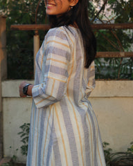 Blue and yellow premium cotton long kurta with stripes, closed neck, and pockets