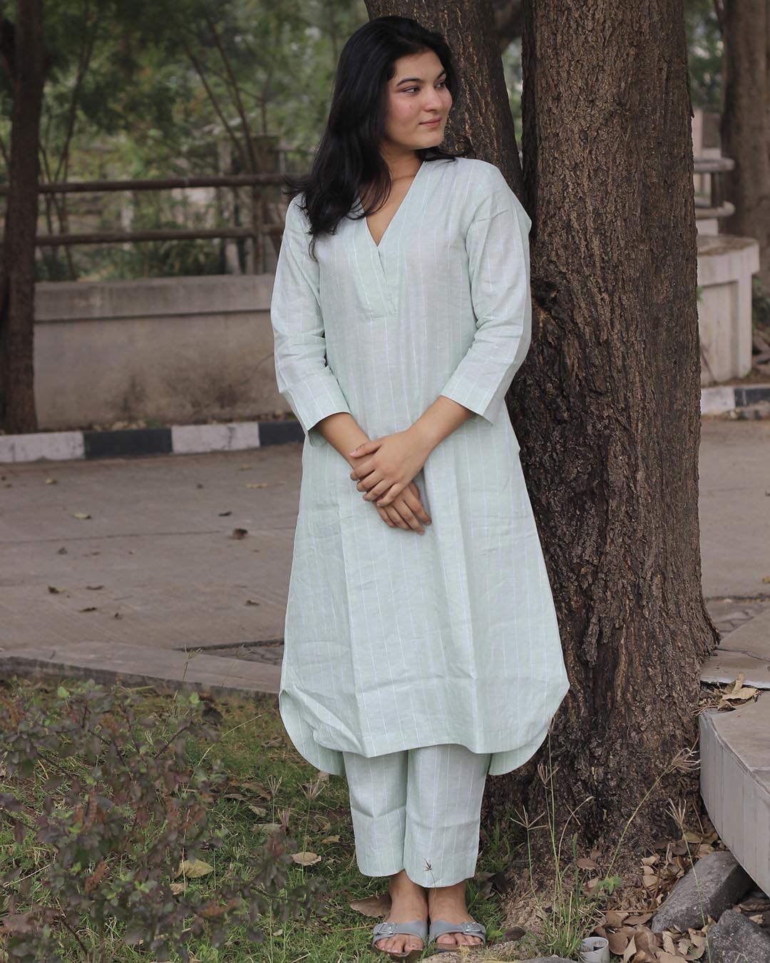 SAADGI 2.0: Premium linen Pistastripe Kurta Set