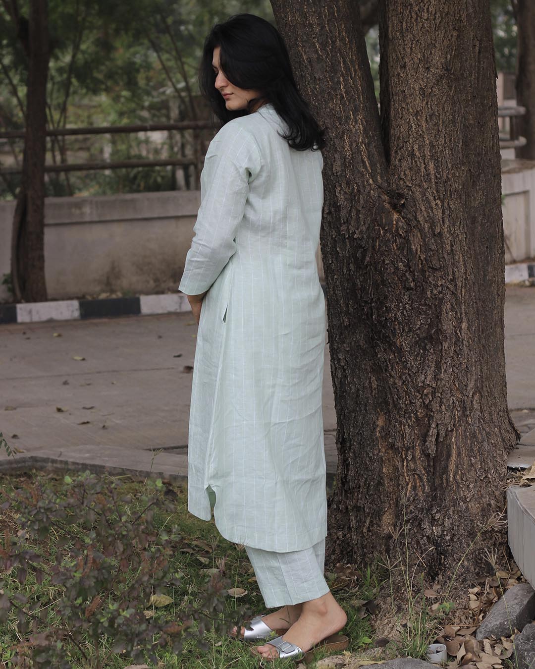 SAADGI 2.0: Premium linen Pistastripe Kurta Set