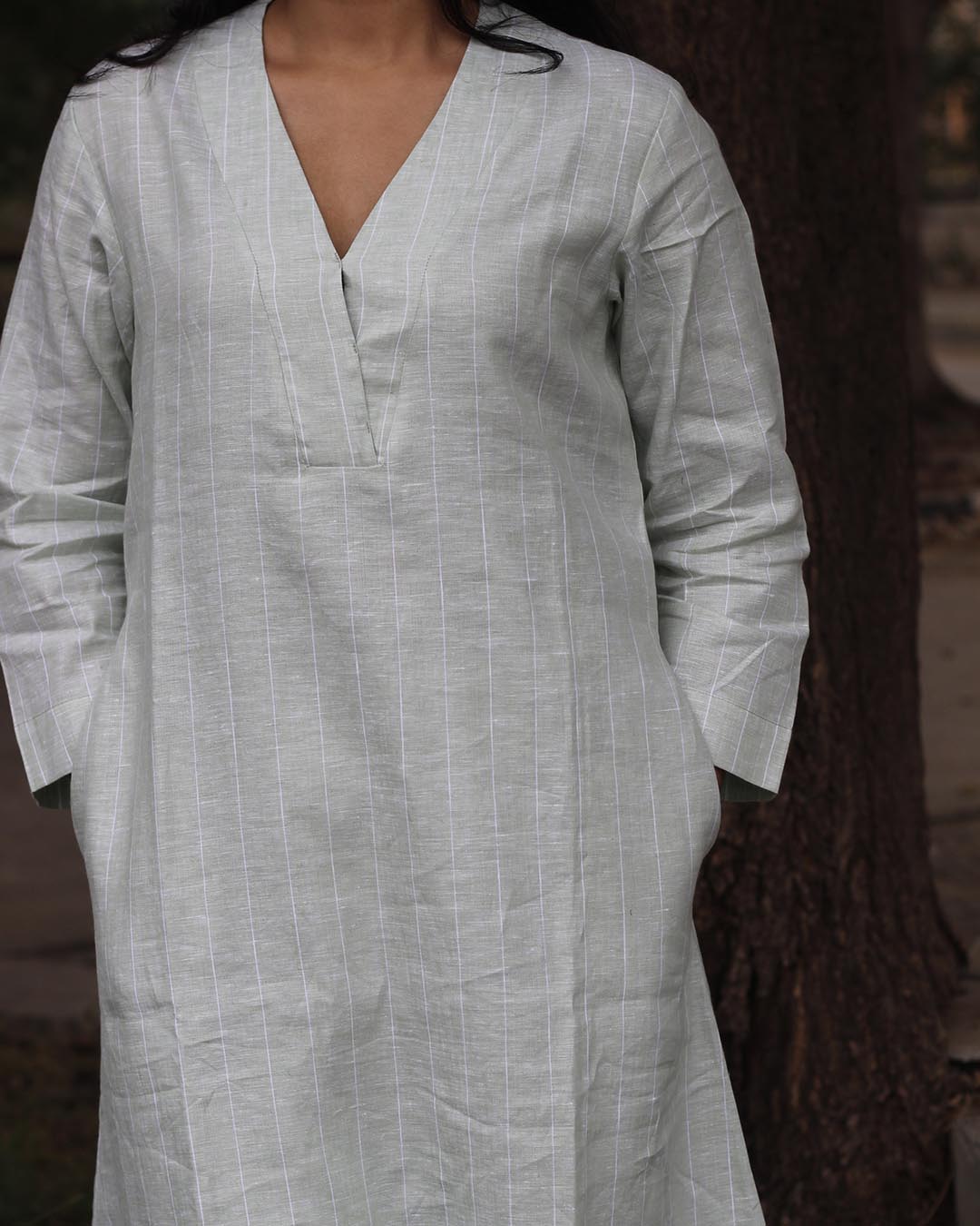 SAADGI 2.0: Premium linen Pistastripe Kurta Set