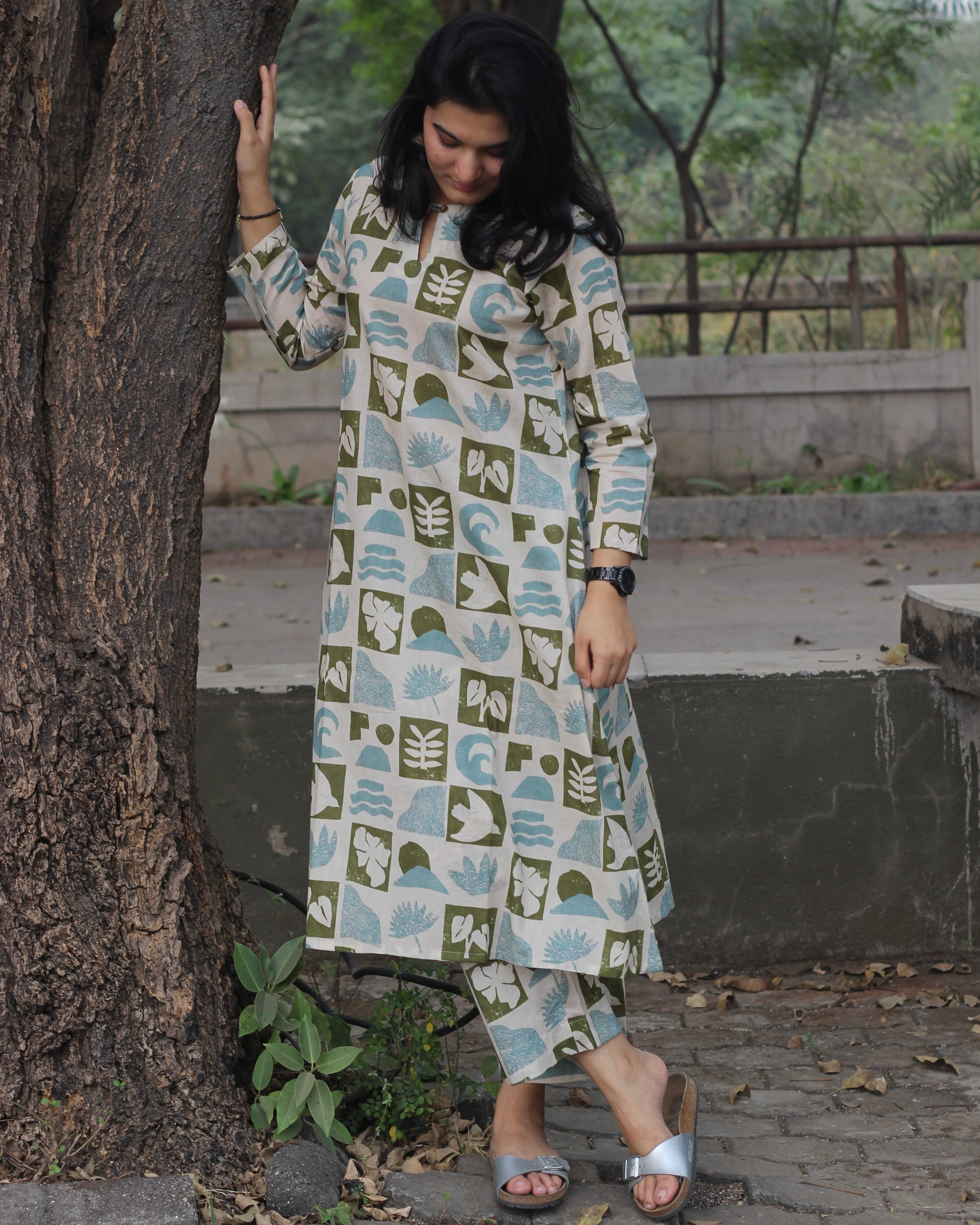 Summer Vibe Premium Cotton Kurta and Pant Set with scattered print of leaves, flowers, birds, and waves, perfect for casual wear.