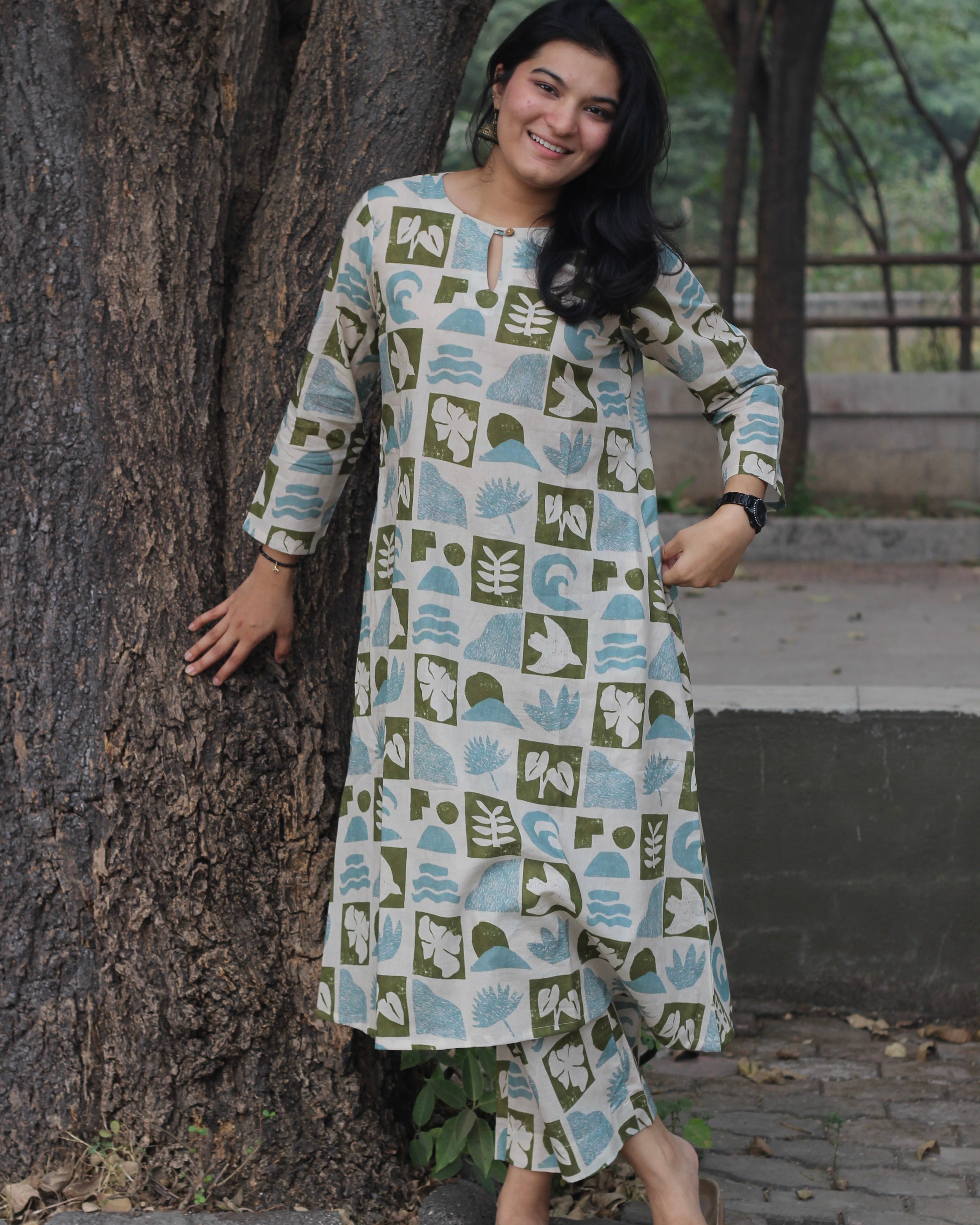 Summer Vibe Premium Cotton Kurta and Pant Set with scattered print of leaves, flowers, birds, and waves, perfect for casual wear.