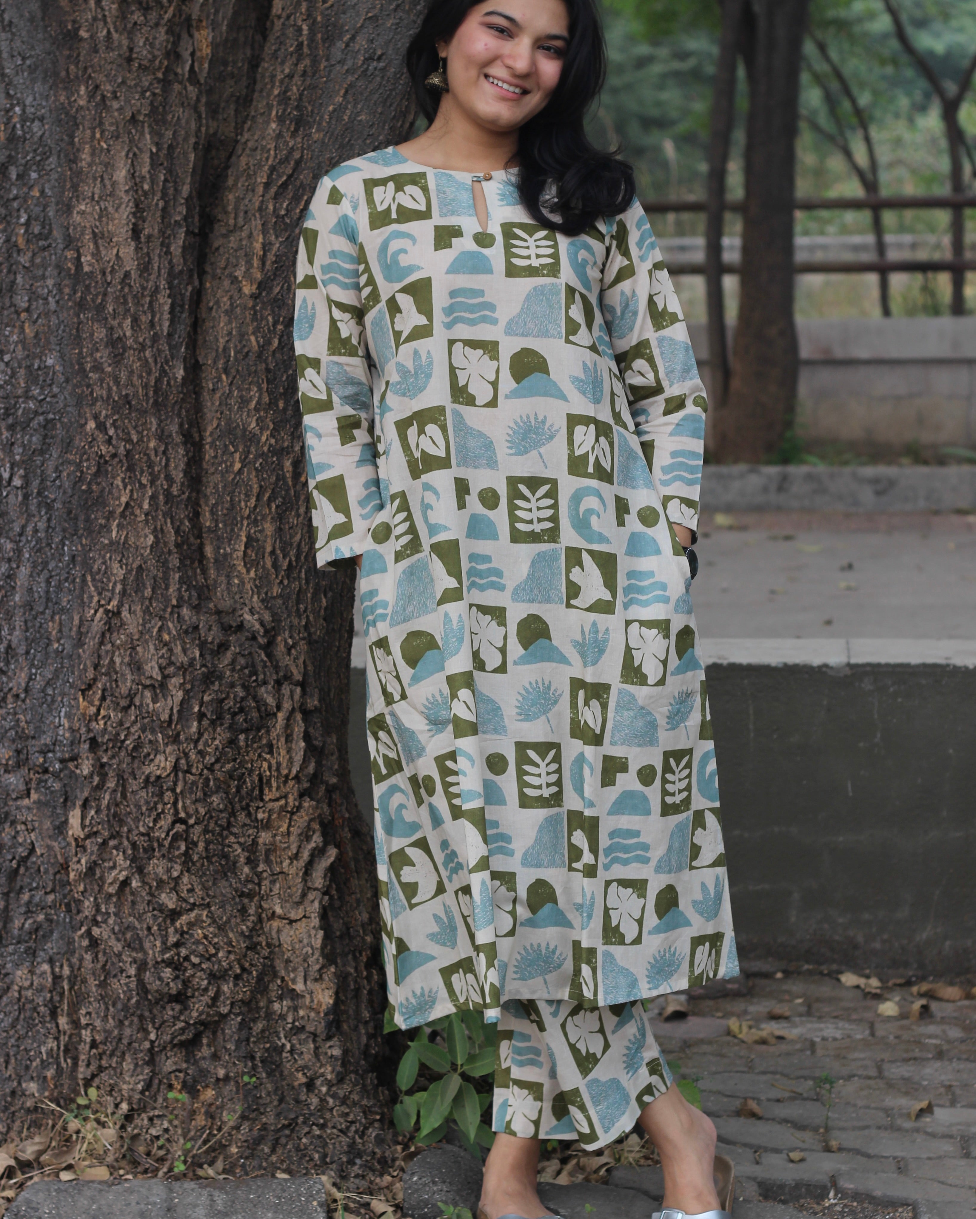 Summer Vibe Premium Cotton Kurta and Pant Set with scattered print of leaves, flowers, birds, and waves, perfect for casual wear.