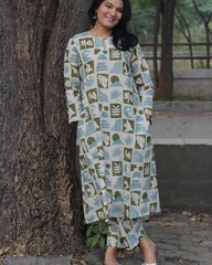 Summer Vibe Premium Cotton Kurta and Pant Set with scattered print of leaves, flowers, birds, and waves, perfect for casual wear.