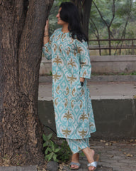 Sky blue ikkat print premium cotton kurta and pant set with a white base and light brown accents.