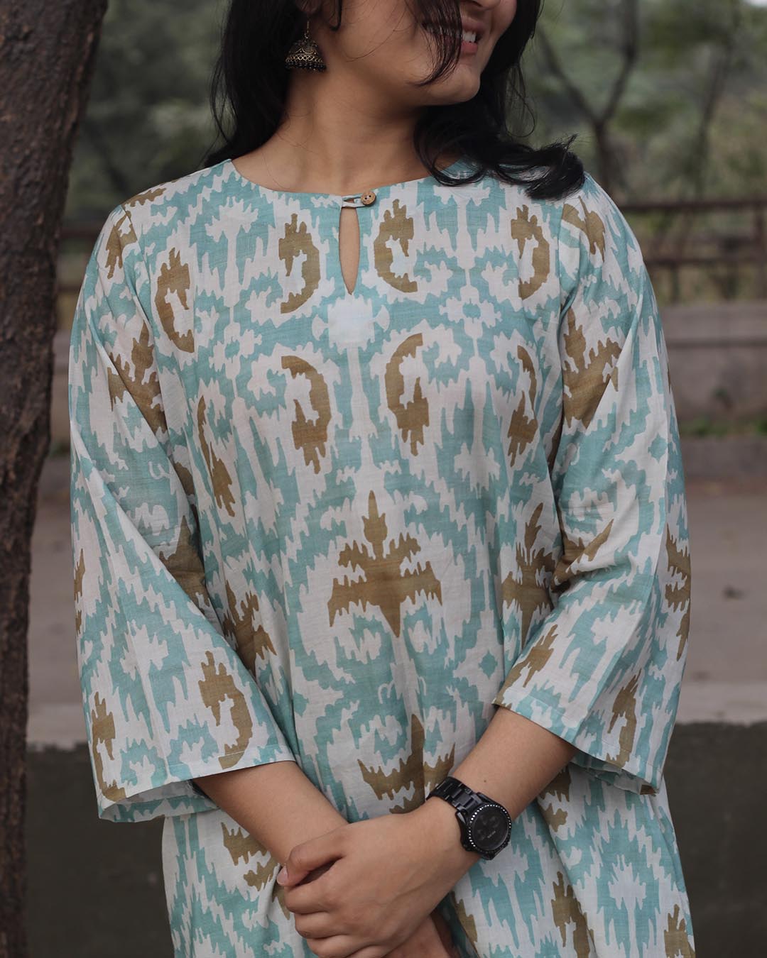 Sky Blue Ikkat Print Premium Cotton Kurta & Pant Set