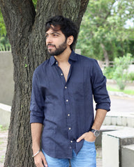 Navy Blue Pure Linen Full Sleeves Shirt for Men