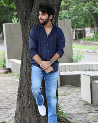 Navy Blue Pure Linen Full Sleeves Shirt for Men