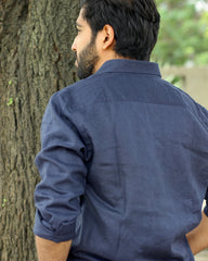 Navy Blue Pure Linen Full Sleeves Shirt for Men