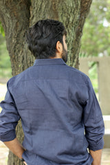 Navy Blue Pure Linen Full Sleeves Shirt for Men