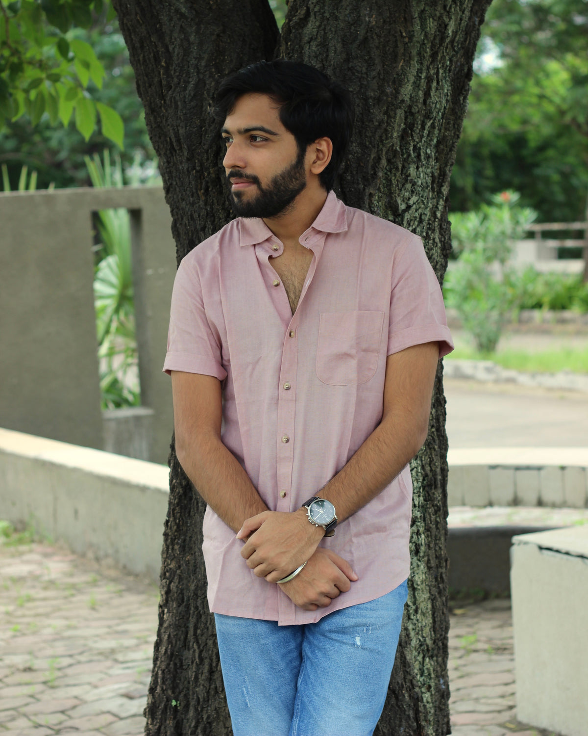 Peach pink Pure Linen half Sleeves Shirt for Men