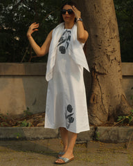 Floral Grace Hand-Painted Long Dress in Pure Cotton with Floral Design on Neckline and Bottom, Matched with White Scarf