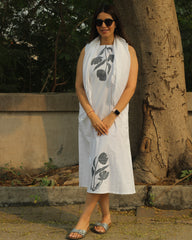 Floral Grace Hand-Painted Long Dress in Pure Cotton with Floral Design on Neckline and Bottom, Matched with White Scarf