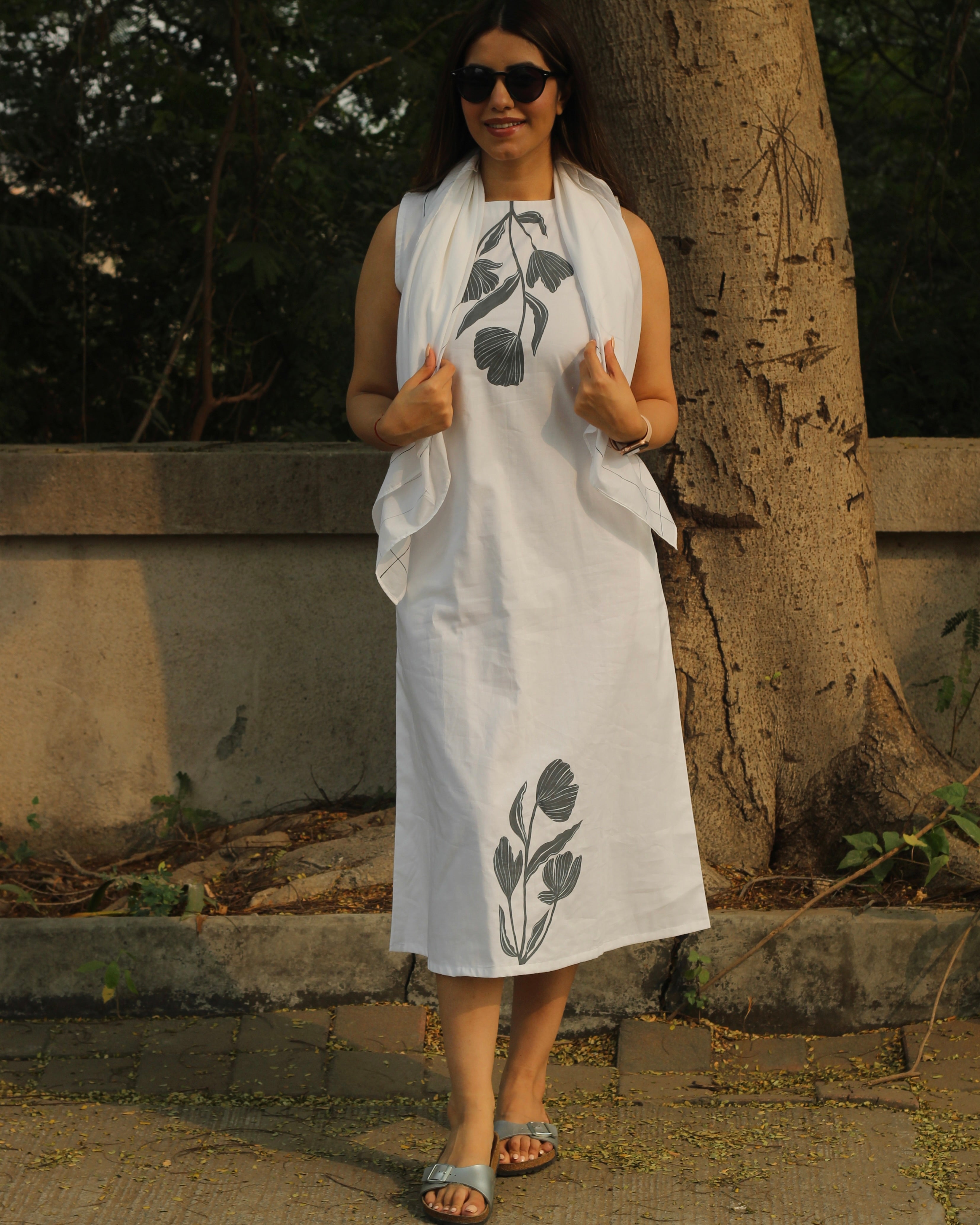 Floral Grace Hand-Painted Long Dress in Pure Cotton with Floral Design on Neckline and Bottom, Matched with White Scarf