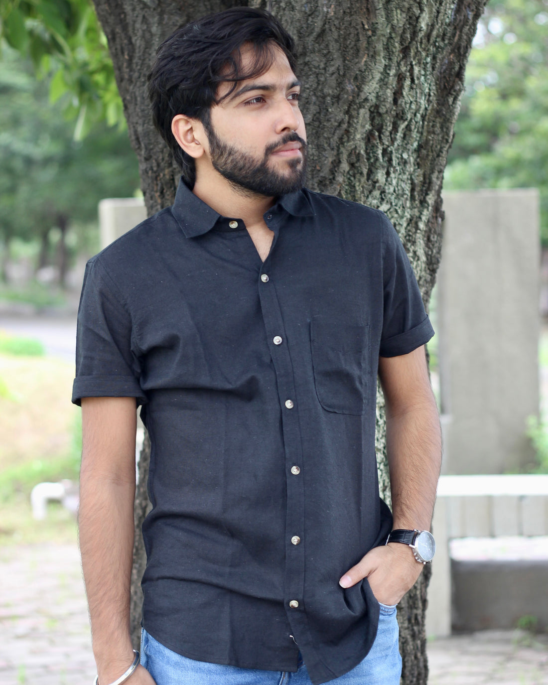 Black Pure Linen half Sleeves Shirt for Men