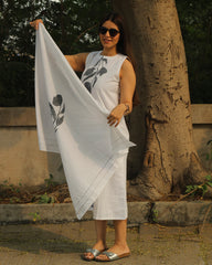 Floral Grace Hand-Painted Long Dress in Pure Cotton with Floral Design on Neckline and Bottom, Matched with White Scarf