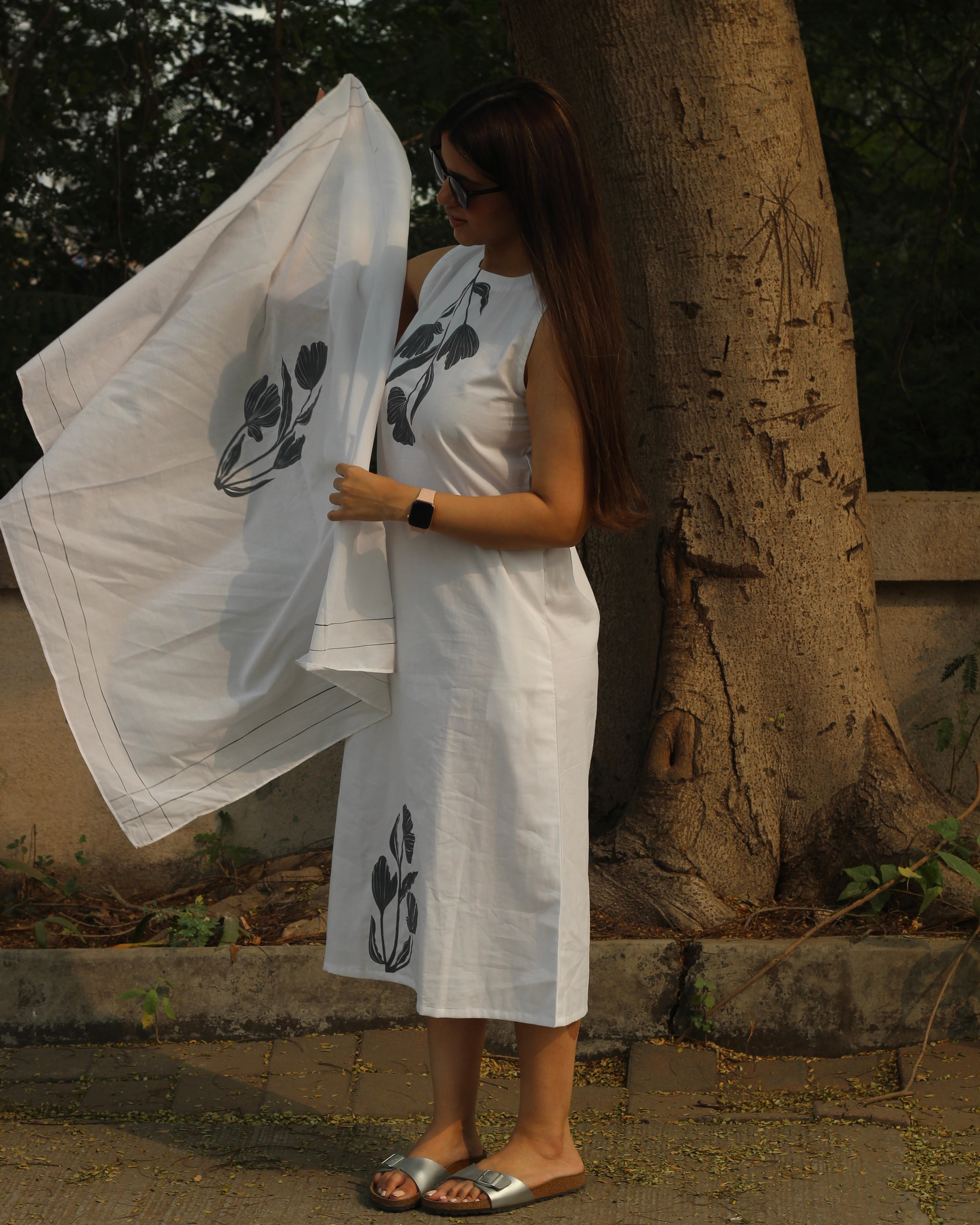 Floral Grace Hand-Painted Long Dress in Pure Cotton with Floral Design on Neckline and Bottom, Matched with White Scarf