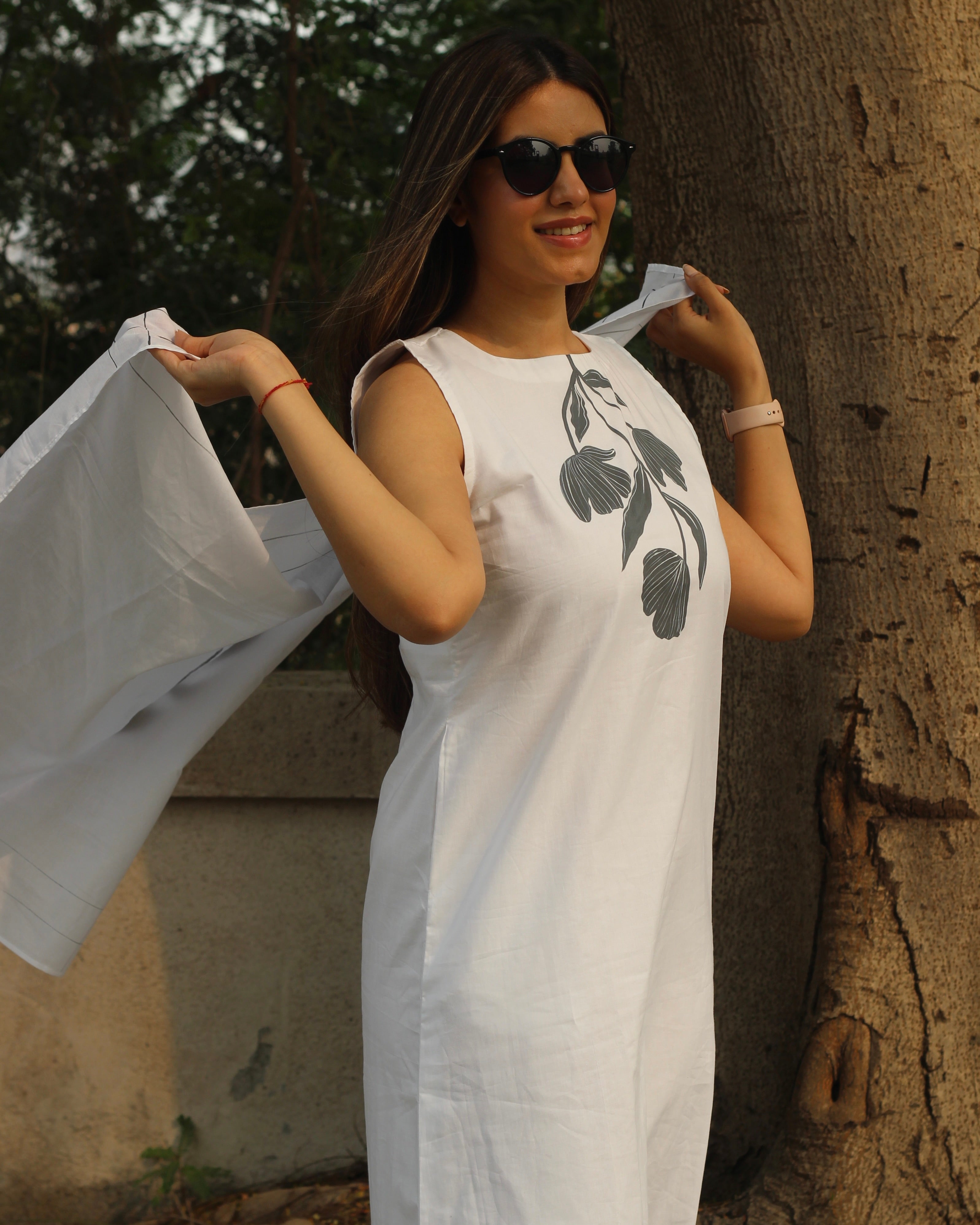 Floral Grace Hand-Painted Long Dress in Pure Cotton with Floral Design on Neckline and Bottom, Matched with White Scarf