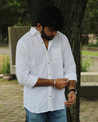 White Pure Linen full Sleeves Shirt for Men