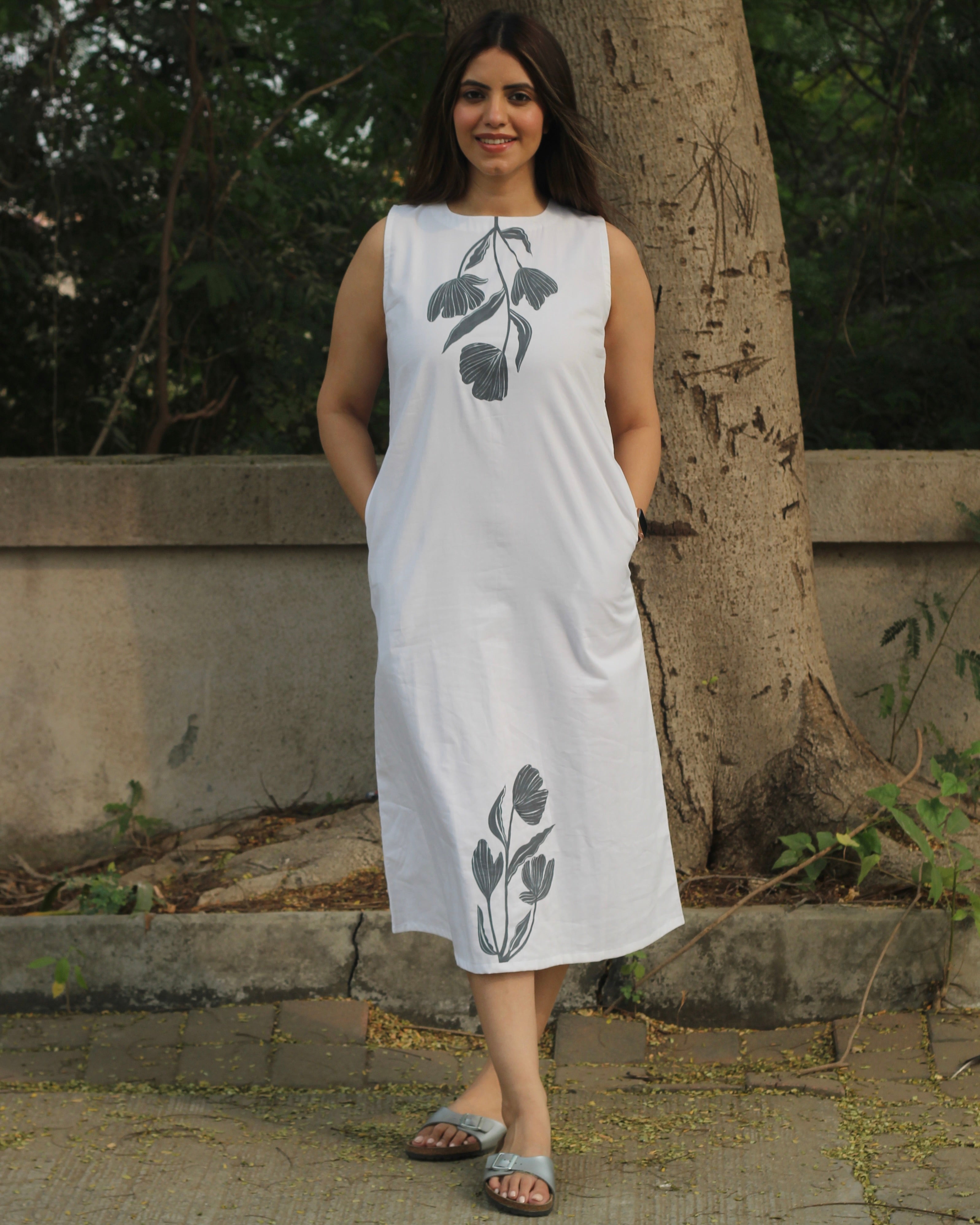 Floral Grace Hand-Painted Long Dress in Pure Cotton with Floral Design on Neckline and Bottom, Matched with White Scarf