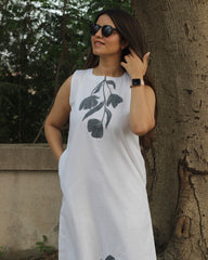 Floral Grace Hand-Painted Long Dress in Pure Cotton with Floral Design on Neckline and Bottom, Matched with White Scarf