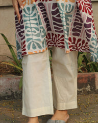 Prism Abstract Print Long Kurta in Multicolor with V-neck and side pockets, crafted from premium cotton, paired with white pants.