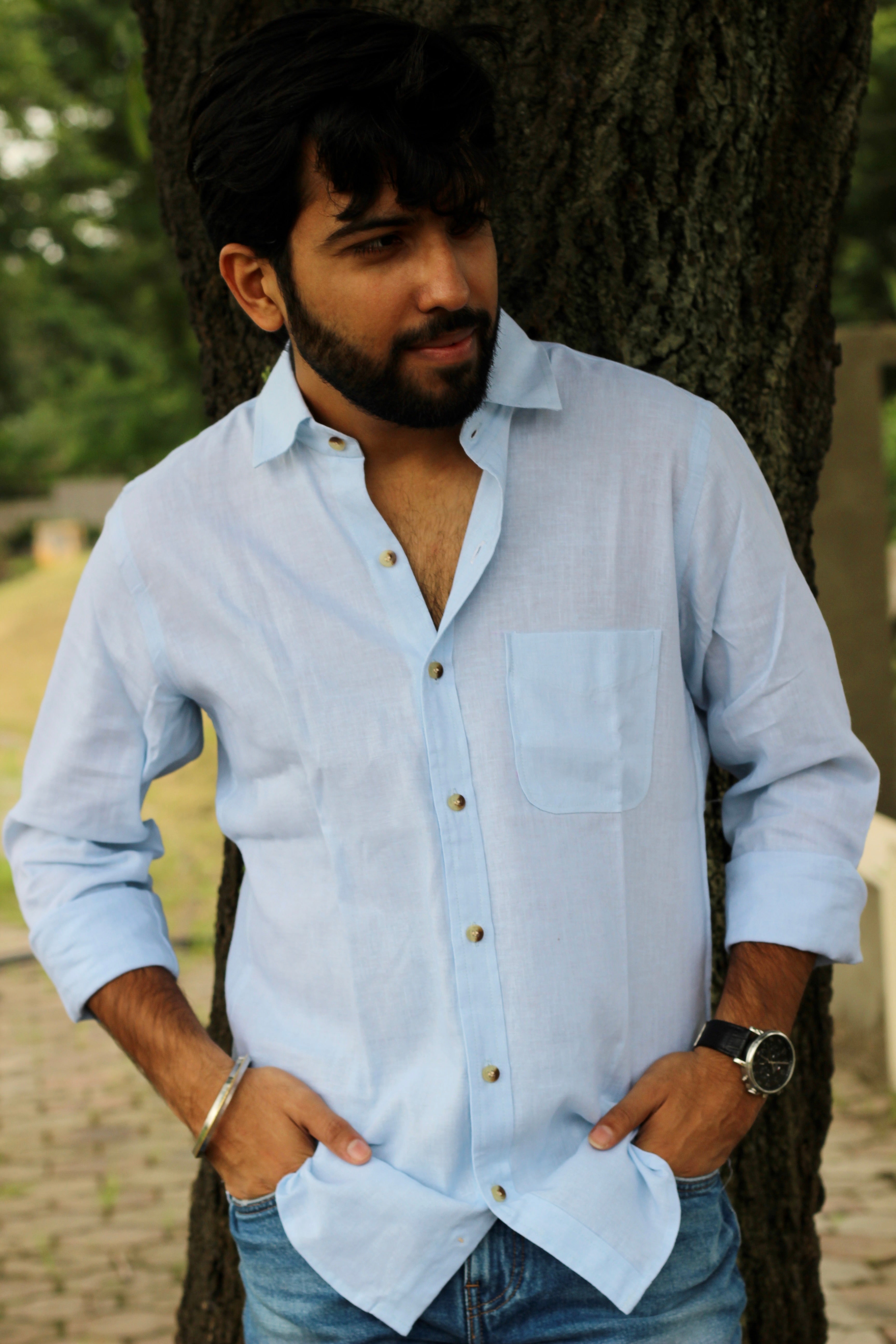 Sky blue Pure Linen full Sleeves Shirt for Men - indiefabstore