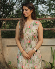 Floral Bliss Sleeveless V-neck Long Kurta in premium cotton, featuring floral print on light mauve base and side cuts, paired with white pants