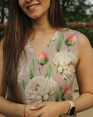 Floral Bliss Sleeveless V-neck Long Kurta in premium cotton, featuring floral print on light mauve base and side cuts, paired with white pants