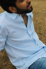 Sky blue Pure Linen half Sleeves Shirt for Men - indiefabstore