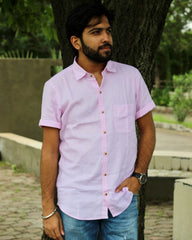 Baby pink Pure Linen half Sleeves Shirt for Men