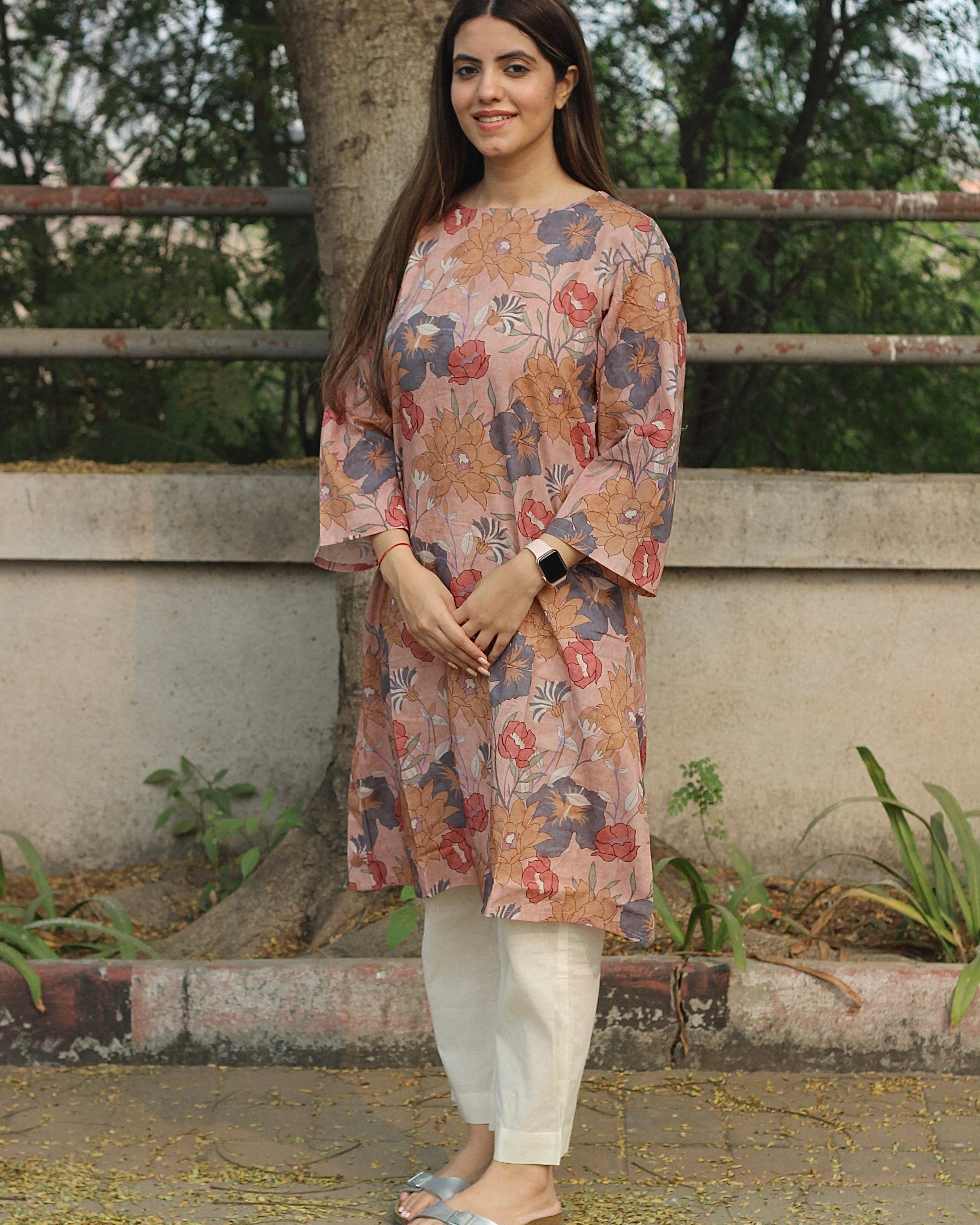 Dusty Bloom A-Line Long Kurta in premium cotton with dusty floral print, round neck, 3/4 sleeves, and side pockets