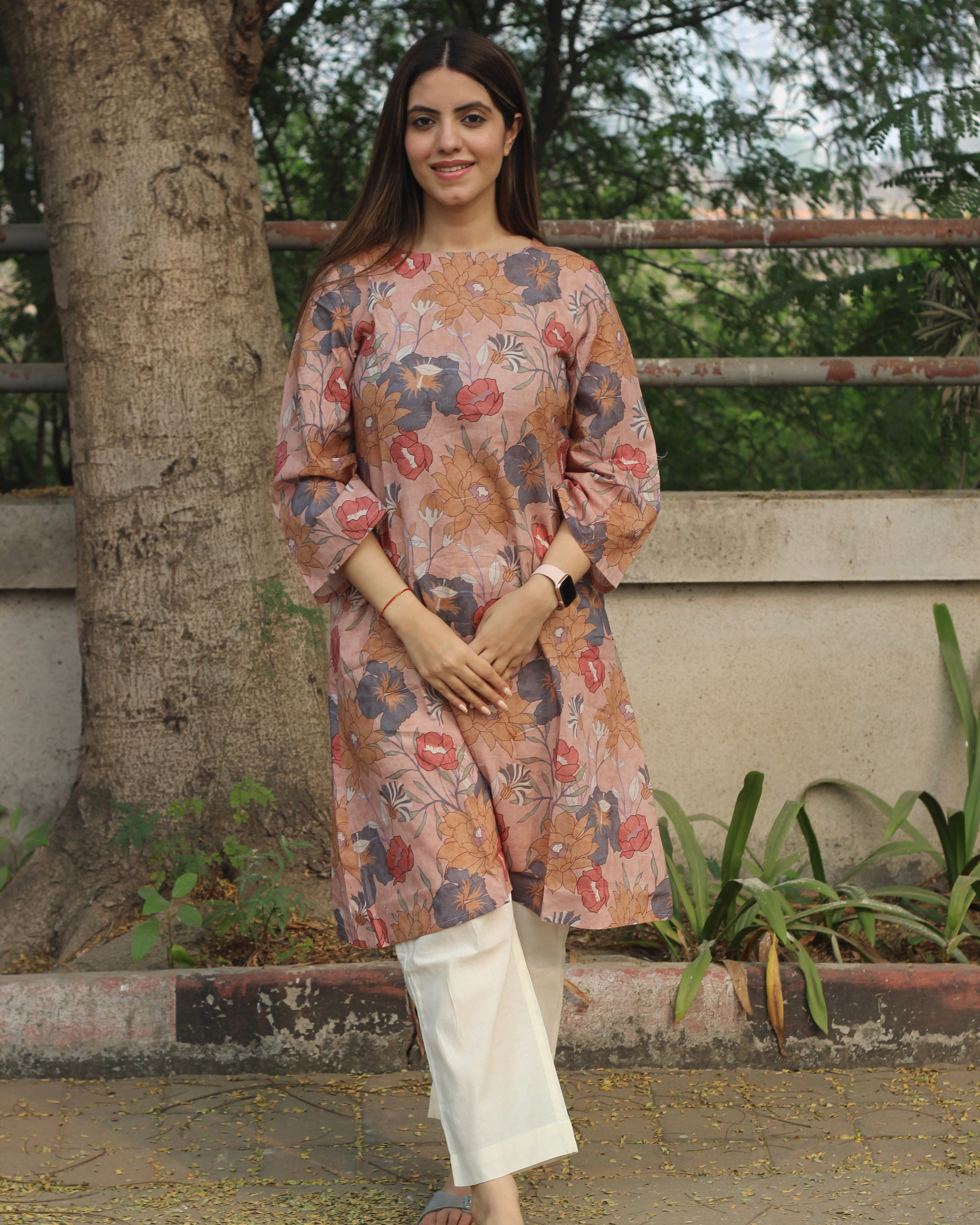 Dusty Bloom A-Line Long Kurta in premium cotton with dusty floral print, round neck, 3/4 sleeves, and side pockets