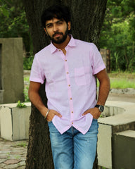 Baby pink Pure Linen half Sleeves Shirt for Men