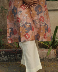 Dusty Bloom A-Line Long Kurta in premium cotton with dusty floral print, round neck, 3/4 sleeves, and side pockets