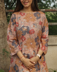 Dusty Bloom A-Line Long Kurta in premium cotton with dusty floral print, round neck, 3/4 sleeves, and side pockets