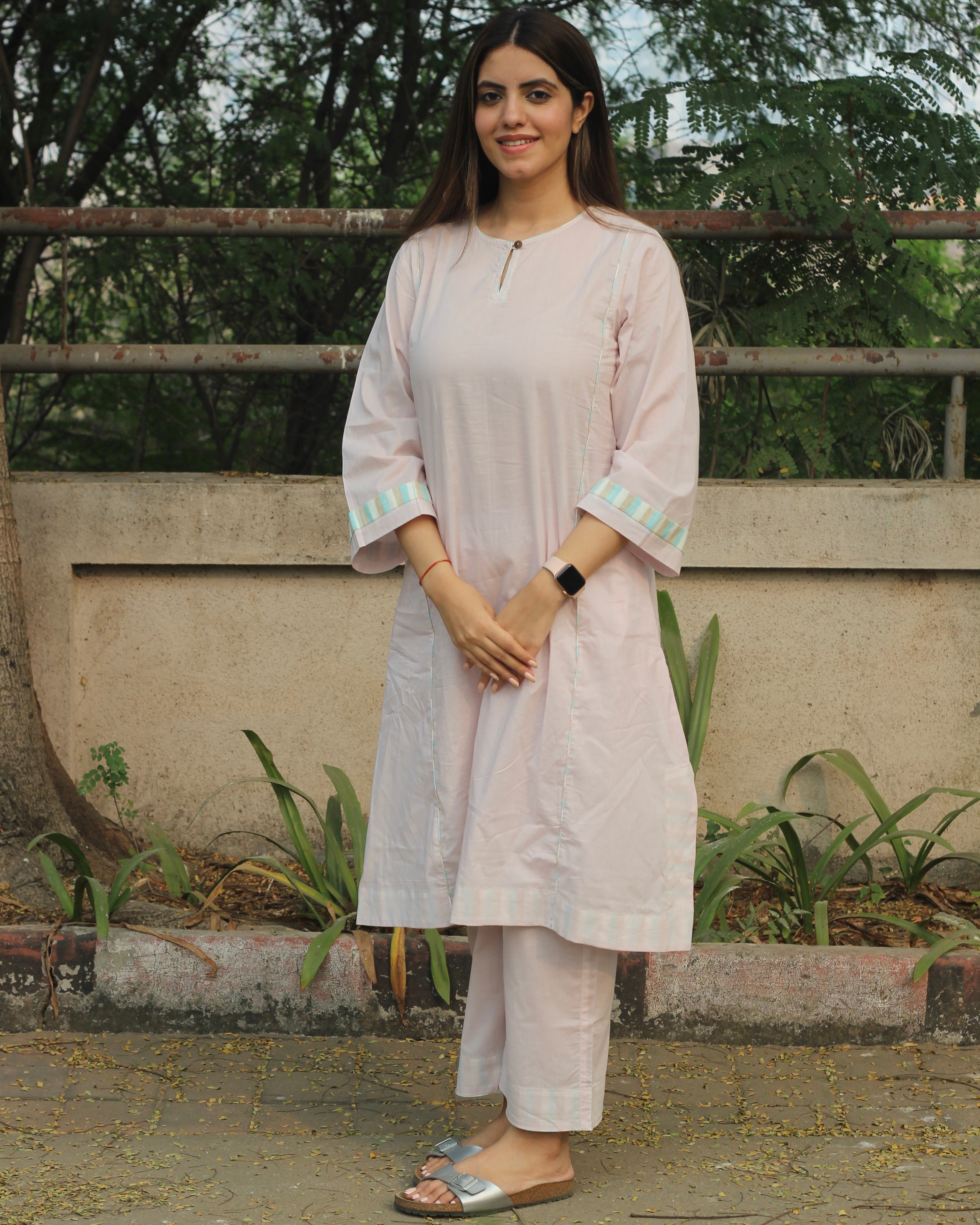 Subtle Charm Premium Cotton Kurta & Pant Set in baby pink with delicate stripes, round neck with loop, side cuts, and pockets