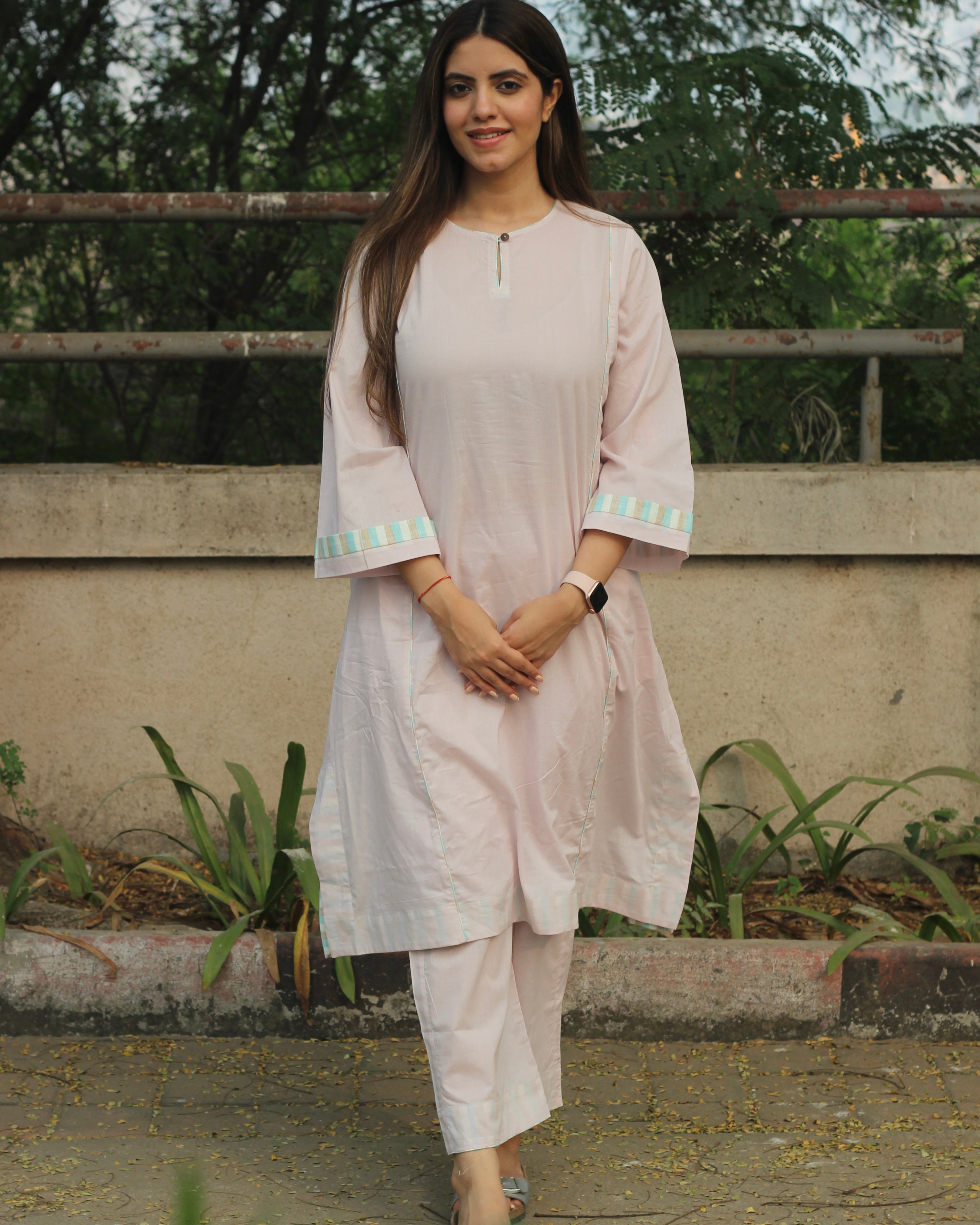 Subtle Charm Premium Cotton Kurta & Pant Set in baby pink with delicate stripes, round neck with loop, side cuts, and pockets