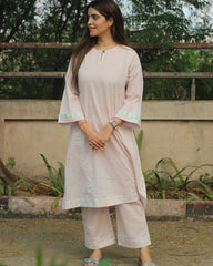 Subtle Charm Premium Cotton Kurta & Pant Set in baby pink with delicate stripes, round neck with loop, side cuts, and pockets