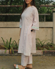 Subtle Charm Premium Cotton Kurta & Pant Set in baby pink with delicate stripes, round neck with loop, side cuts, and pockets