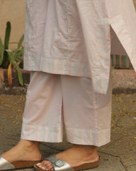 Subtle Charm Premium Cotton Kurta & Pant Set in baby pink with delicate stripes, round neck with loop, side cuts, and pockets