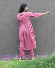 Solid dusty pink mul cotton kurta pant set - Set of 2