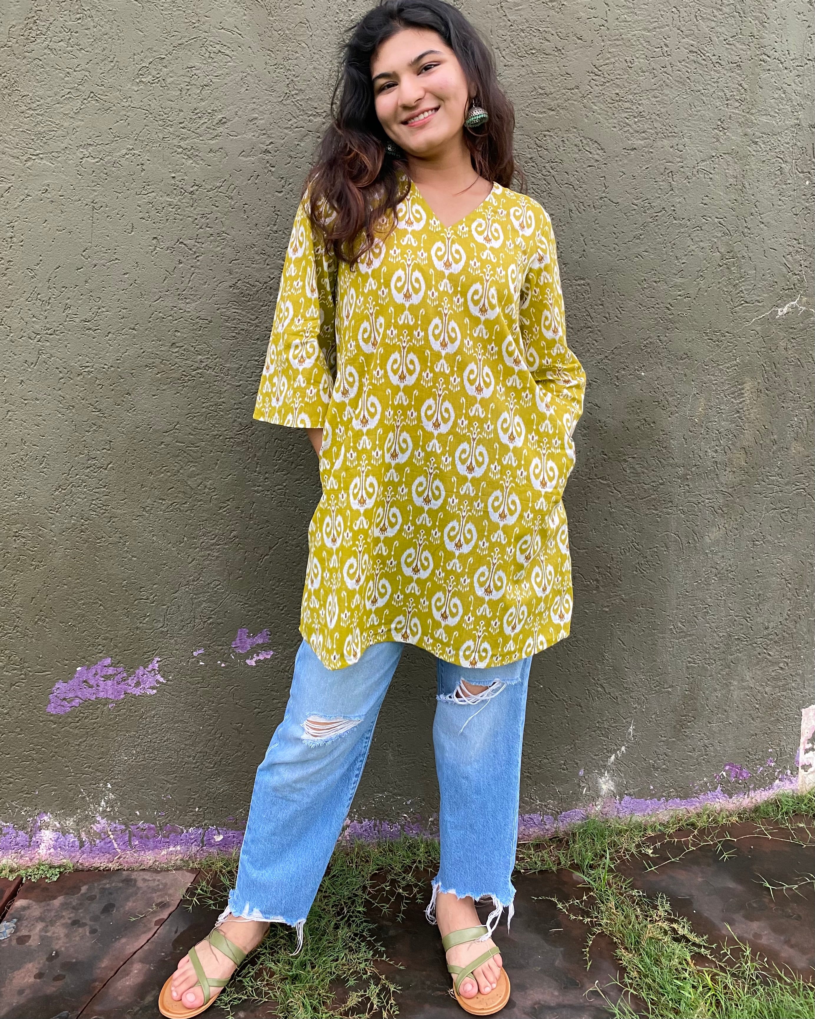 Yellow Ikkat Print Kurta with Pockets _3