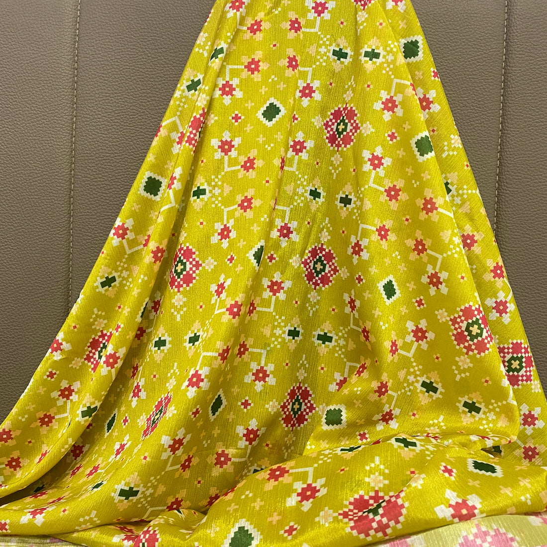 Gracious Green Patola print on Chinon fabric per meter