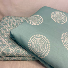 Geometric top with contrasting bottom on Linen Satin - Blue, per meter price