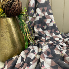 Multicoloured geometric print on Tabi silk fabric per meter