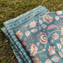 Royal floral print with contrasting stripes bottom on Linen Satin, Per meter price