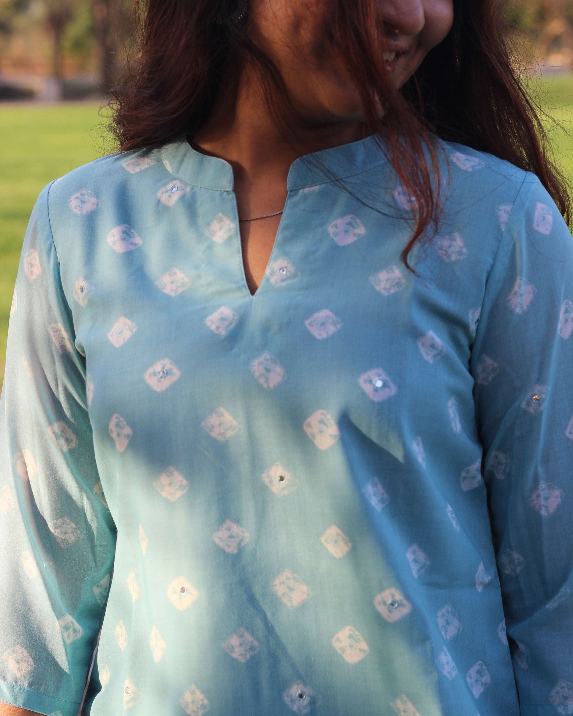 Bandhani print with delicate mirror work cambric cotton short kurta - indiefabstore