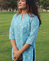 Bandhani print with delicate mirror work cambric cotton short kurta - indiefabstore